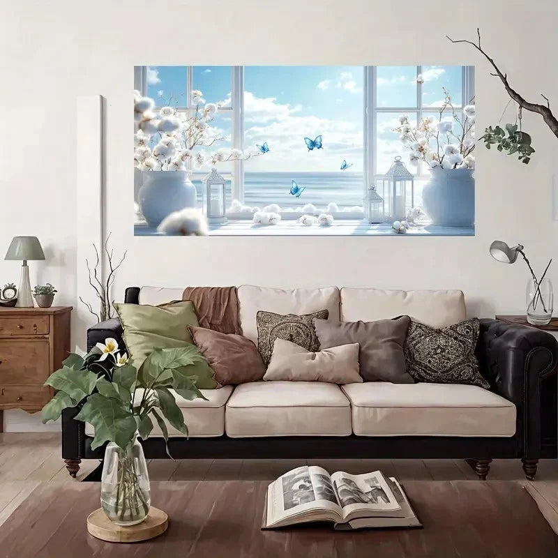 Window Scene Open Curtains Wall Art Canvas Office Home Room Framed 120x60cm