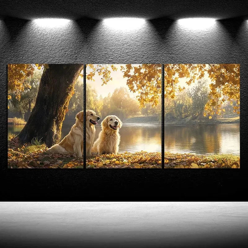 3pcs Featuring Dogs by a Forest Lake Metal Print Ready to Hang Art - Bella Home Decor