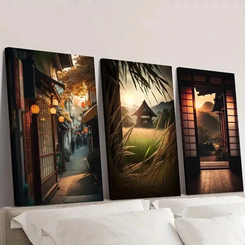 3pcs Japanese Classical Architecture at Sunset Wall Art Set Canvas Framed 60x90cm - High Quality Print 100% Australian Made Wall Canvas Ready to Hang