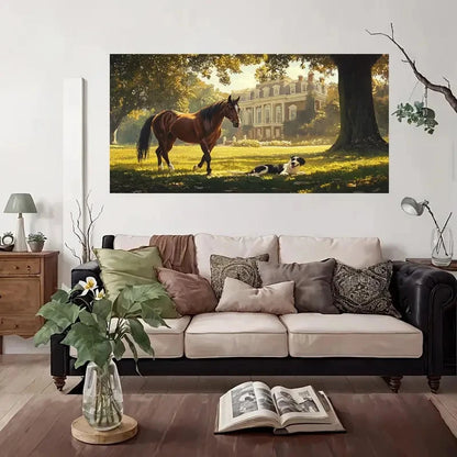 Elegant Horse And Dog Wall Art Canvas Office Home Room Framed 120x60cm