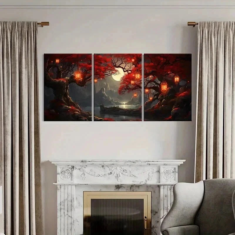 3pcs Moon River Mountains Trees Retro Wall Art Set Canvas Framed 40x60cm - High Quality Print 100% Australian Made Wall Canvas Ready to Hang - Bella Home Decor