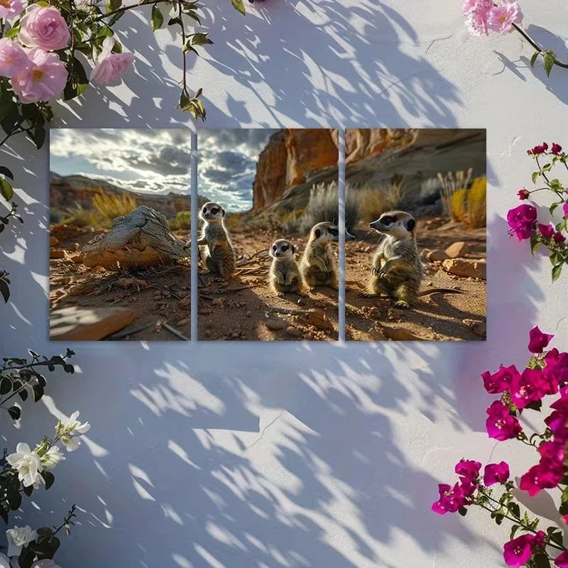 3pcs Meerkats in The Desert with Cute Youngsters Metal Print Ready to Hang Art