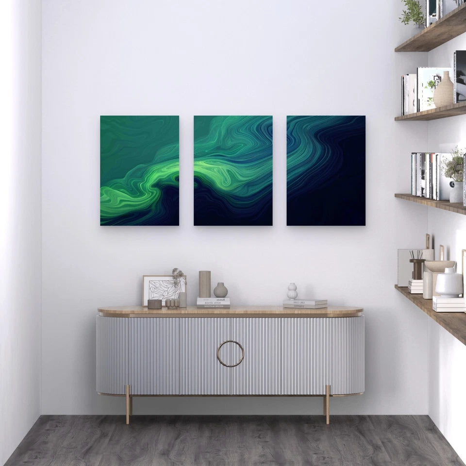 3pcs Green Blue Abstract Painting Wave Metal Print Ready to Hang Art