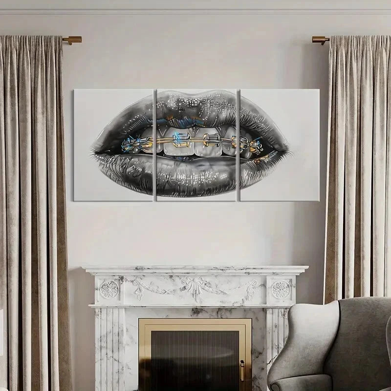 3pcs Futuristic Lip & Teeth Design with Metallic Metal Print Ready to Hang Art - Bella Home Decor