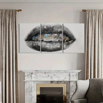 3pcs Futuristic Lip & Teeth Design with Metallic Metal Print Ready to Hang Art - Bella Home Decor