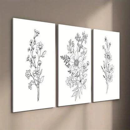 3pcs Black and White Botanical Floral Theme Wall Art Set Canvas Framed 50x70cm - High Quality Print 100% Australian Made Wall Canvas Ready to Hang