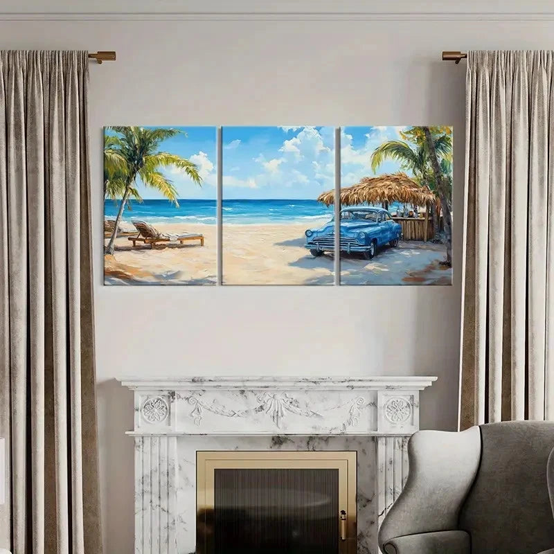 3pcs Australian Beach & Palm Trees Vintage Car  Wall Art Set Canvas Framed 40x60cm - High Quality Print 100% Australian Made Wall Canvas Ready to Hang - Bella Home Decor