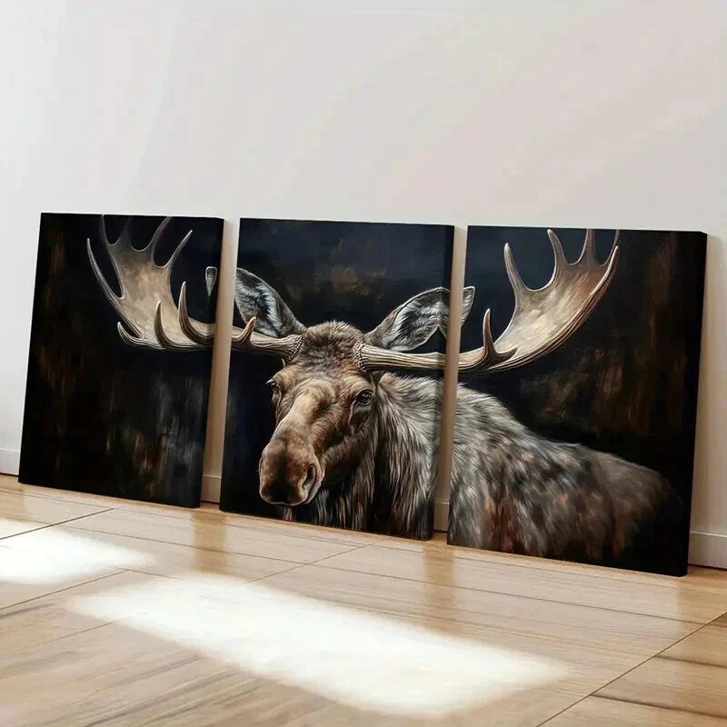 3pcs Moose Antlers Forest Night Wildlife Wall Art Set Canvas Framed 50x70cm - High Quality Print 100% Australian Made Wall Canvas Ready to Hang - Bella Home Decor
