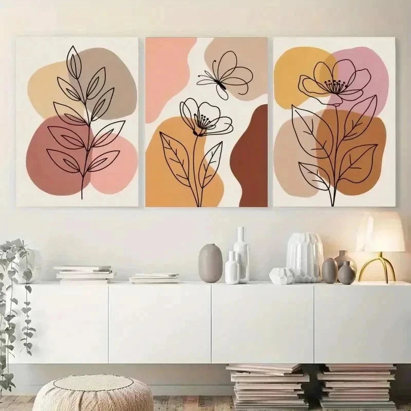 3pcs Abstract Shapes, Flowers, Butterfly  Wall Art Set Canvas Framed 40x60cm - High Quality Print 100% Australian Made Wall Canvas Ready to Hang - Bella Home Decor