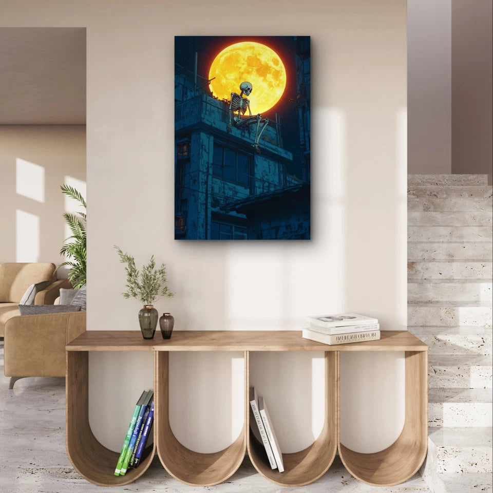 Skeleton on a Rooftop Under Moon Illustration 40x60cm Metal Print Ready to Hang
