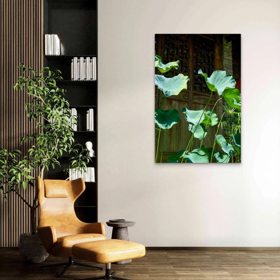 Sunlit Green Lotus Leaves Nature 40x60cm Metal Print Ready to Hang