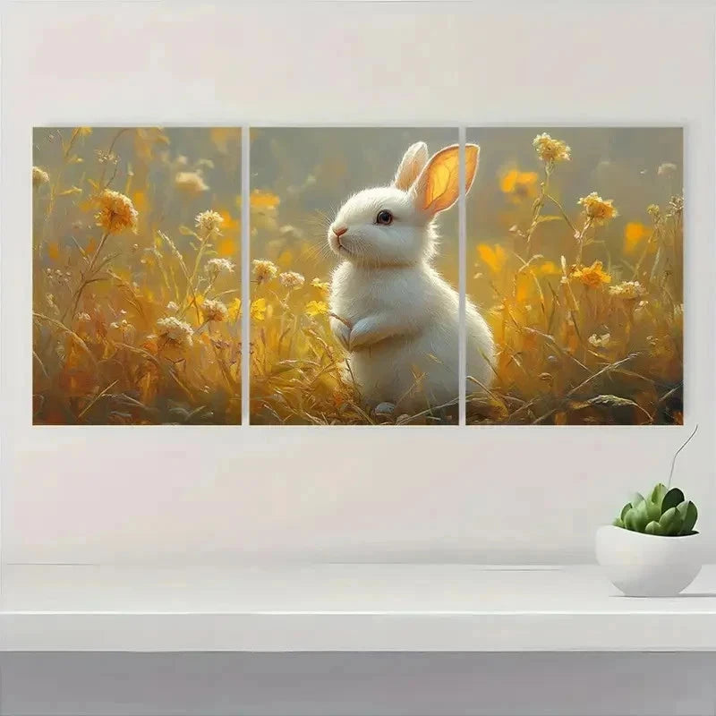 3pcs White Rabbit with Floral Background G   Wall Art Set Canvas Framed 60x90cm - High Quality Print 100% Australian Made Wall Canvas Ready to Hang - Bella Home Decor