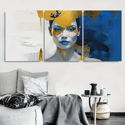 3pcs Blue Golden Abstract Portrait Wall Art Canvas Unframed - High Quality Print 100% Australian Made Wall Canvas - Bella Home Decor