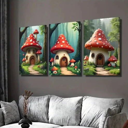 3pcs Mushroom House Triptych Forest Vibrant Wall Art Set Canvas Unframed - High Quality Print 100% Australian Made Wall Canvas