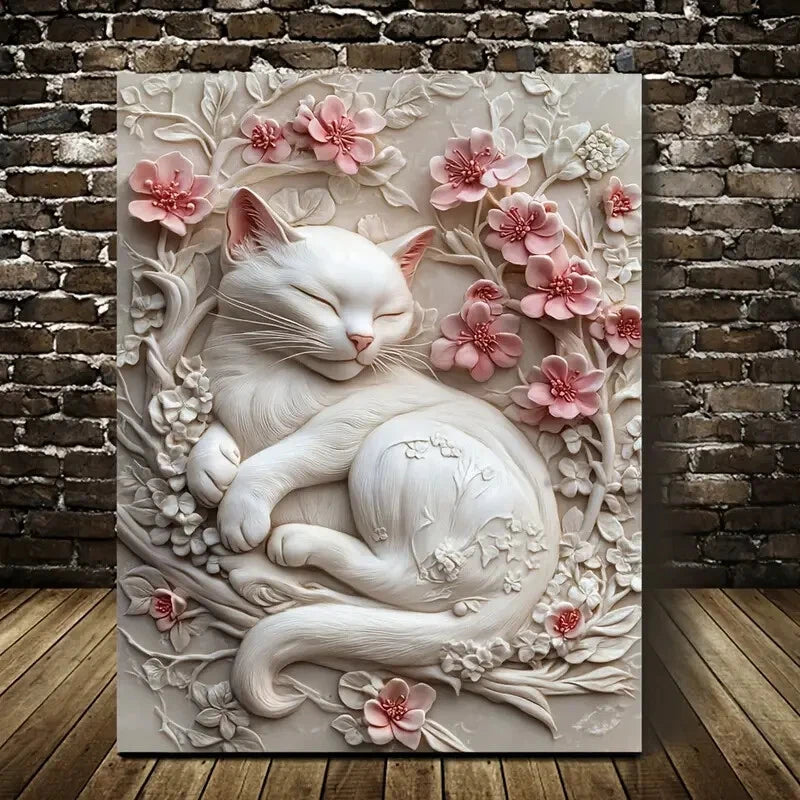Beautiful Chill Like a Cat Heart Blossoms Painting 40x60cm Metal Print Ready to Hang - Bella Home Decor