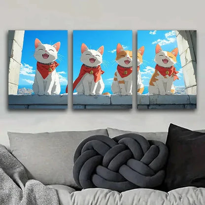 3pcs Charming White Cat Cute Blue Sky Perfect Wall Art Set Canvas Unframed - High Quality Print 100% Australian Made Wall Canvas - Bella Home Decor