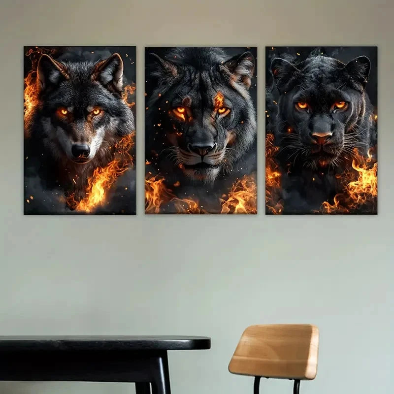 3pcs Three Wolves in Flames Wall Art Set Canvas Framed 60x90cm - High Quality Print 100% Australian Made Wall Canvas Ready to Hang - Bella Home Decor