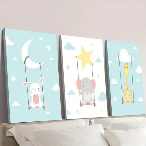 3pcs Rabbits Elephants Giraffes and Clouds  Wall Art Set Canvas Unframed - High Quality Print 100% Australian Made Wall Canvas