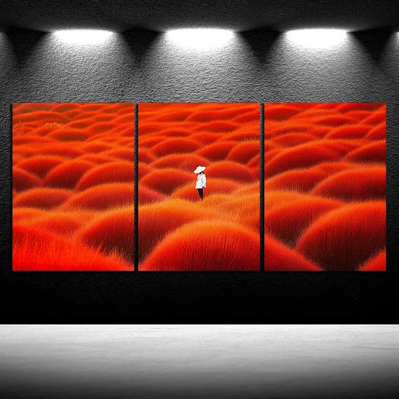 3pcs Person Wearing Hat Red Field Metal Print Ready to Hang Art - Bella Home Decor