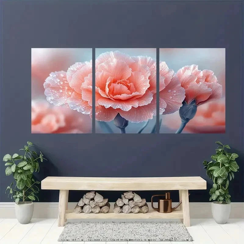3pcs Pink Carnation Flower Droplet Perfect Wall Art Set Canvas Framed 50x70cm - High Quality Print 100% Australian Made Wall Canvas Ready to Hang