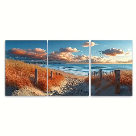 3pcs Serene Bournemouth Beach Walkway Wall Art Set Canvas Framed 50x70cm - High Quality Print 100% Australian Made Wall Canvas Ready to Hang