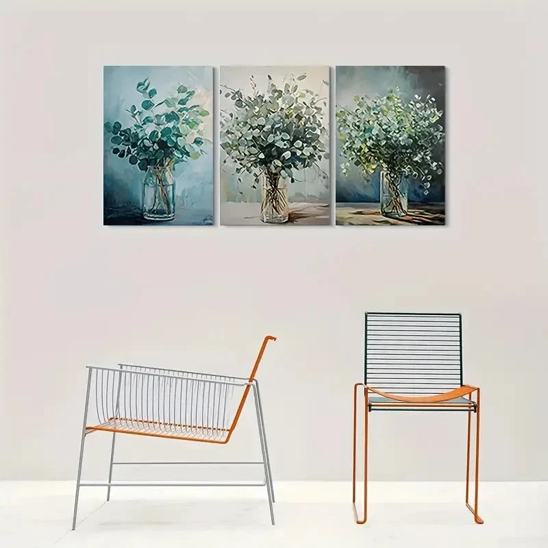 3pcs Eucalyptus Vase Modern Abstract Metal Print Ready to Hang Art