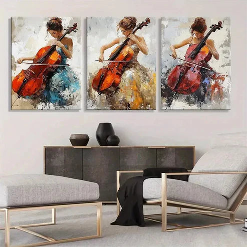 3pcs Classical Cello Player Colorful Wall Art Canvas Unframed - High Quality Print 100% Australian Made Wall Canvas - Bella Home Decor