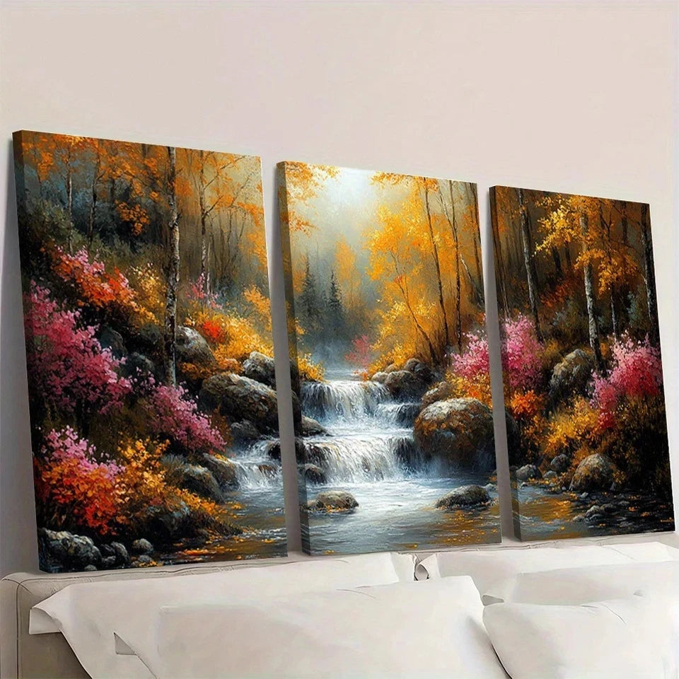3pcs Autumn Forest Waterfall & Misty Mountains Wall Art Set Canvas Framed 40x60cm - High Quality Print 100% Australian Made Wall Canvas Ready to Hang - Bella Home Decor
