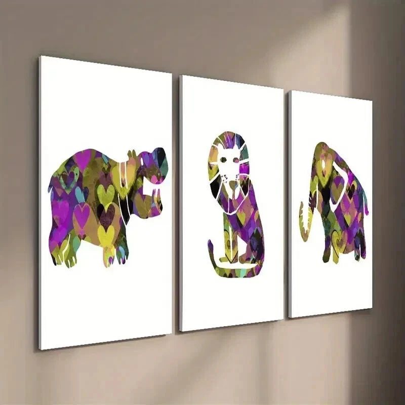 3pcs Abstract Hippo Lion Zebra Elephant Wall Art Set Canvas Framed 50x70cm - High Quality Print 100% Australian Made Wall Canvas Ready to Hang