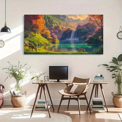 Waterfall & Deer Spring Winter Wall Art Canvas Office Home Room Framed 120x60cm