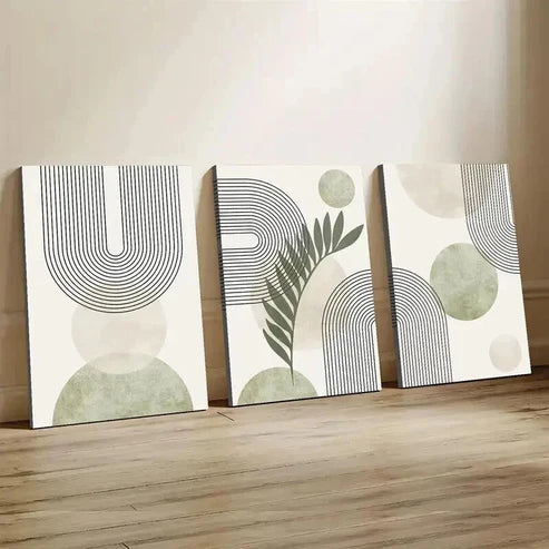 3pcs Abstract Sage Green Geometric Line Wall Art Set Canvas Unframed - High Quality Print 100% Australian Made Wall Canvas - Bella Home Decor