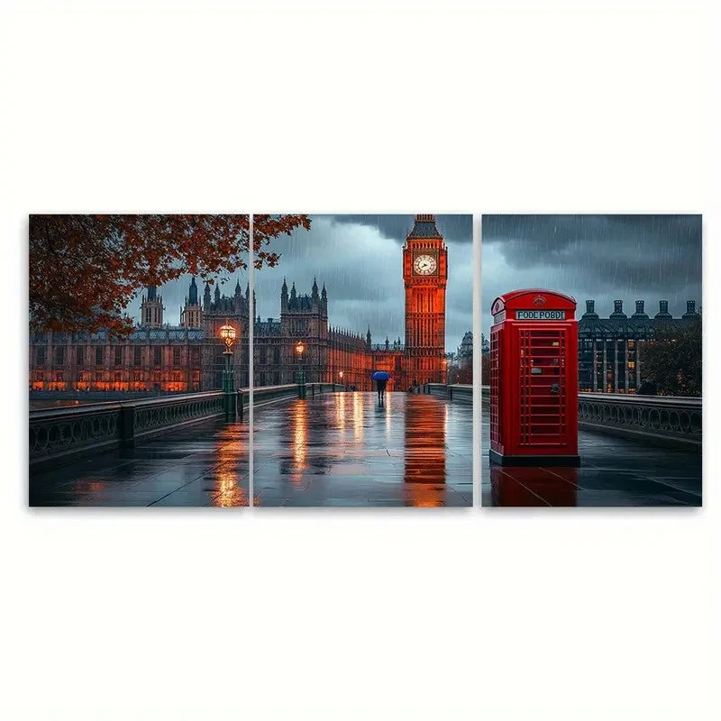 3pcs Rainy Big Ben and Red Phone Box UI  Wall Art Set Canvas Framed 50x70cm - High Quality Print 100% Australian Made Wall Canvas Ready to Hang