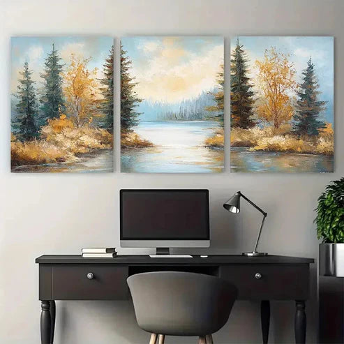 3pcs Carter Lake Pine Trees Impasto Perfect Wall Art Set Canvas Unframed - High Quality Print 100% Australian Made Wall Canvas - Bella Home Decor