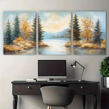 3pcs Carter Lake Pine Trees Impasto Perfect Wall Art Set Canvas Unframed - High Quality Print 100% Australian Made Wall Canvas - Bella Home Decor