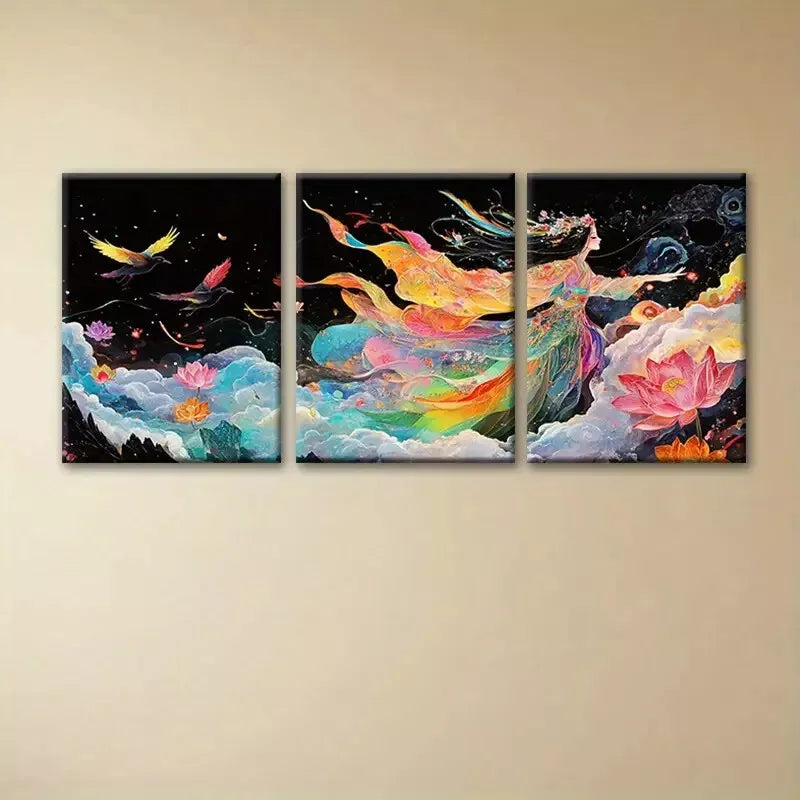 3pcs Enchanting Fairy in Rainbow Lotus Flowers Wall Art Set Canvas Framed 50x70cm - High Quality Print 100% Australian Made Wall Canvas Ready to Hang