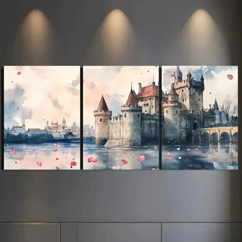 3pcs Medieval castle at twilight Wall Art Canvas  Framed 60x90cm - High Quality Print 100% Australian Made Wall Canvas Ready to Hang