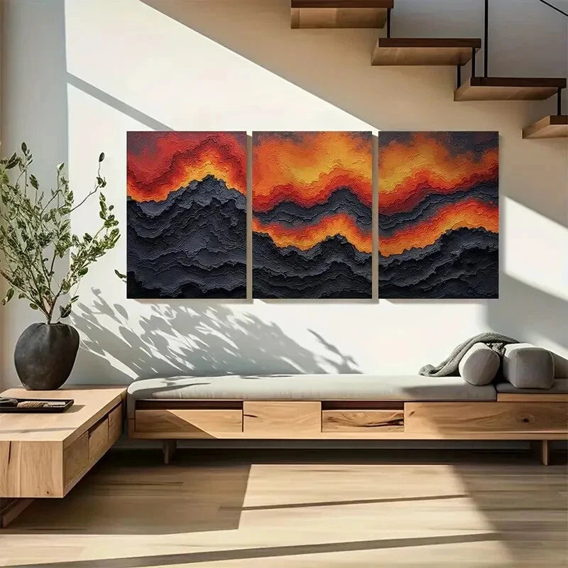 3pcs Abstract Geologic Flow in Red Black Yellow Metal Print Ready to Hang Art - Bella Home Decor
