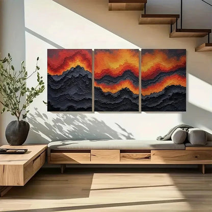 3pcs Abstract Geologic Flow in Red Black Yellow Metal Print Ready to Hang Art - Bella Home Decor