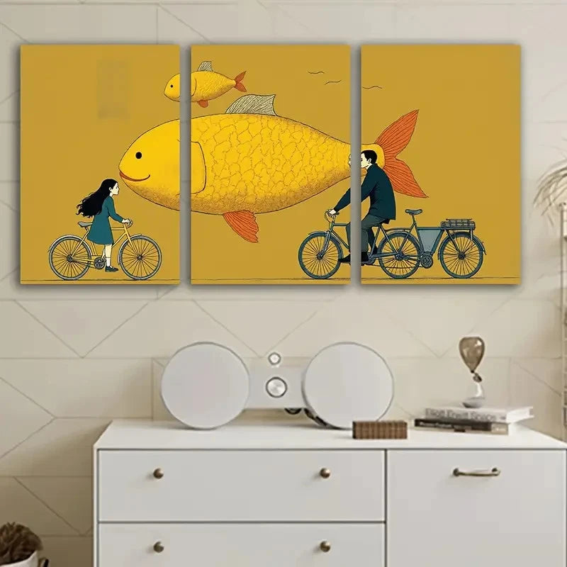 3pcs Man Riding A Bike With Woman Wall Art Set Canvas Framed 40x60cm - High Quality Print 100% Australian Made Wall Canvas Ready to Hang