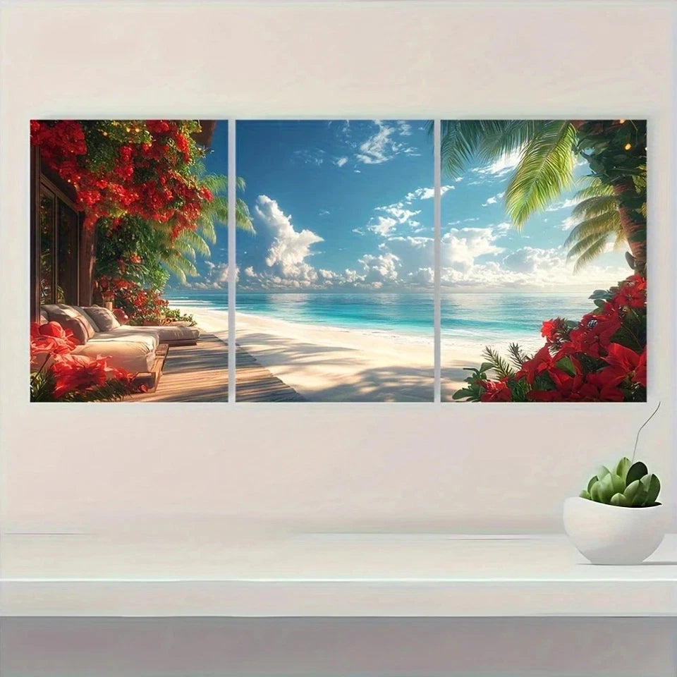 3pcs Palm Trees Ocean Views Red Flowers Metal Print Ready to Hang Art - Bella Home Decor