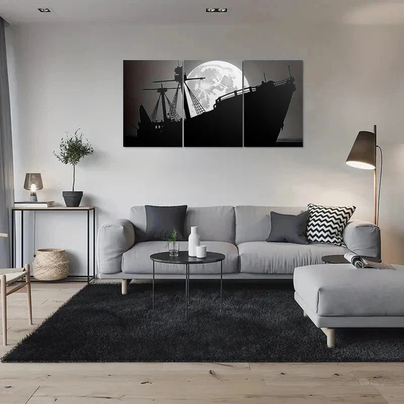 3pcs Black and White Ship Silhouette Full Moon Metal Print Ready to Hang Art - Bella Home Decor
