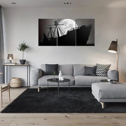 3pcs Black and White Ship Silhouette Full Moon Metal Print Ready to Hang Art - Bella Home Decor