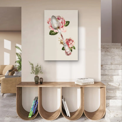 Vintage Silver Spoon and Pink Roses Kitchen 40x60cm Metal Print Ready to Hang