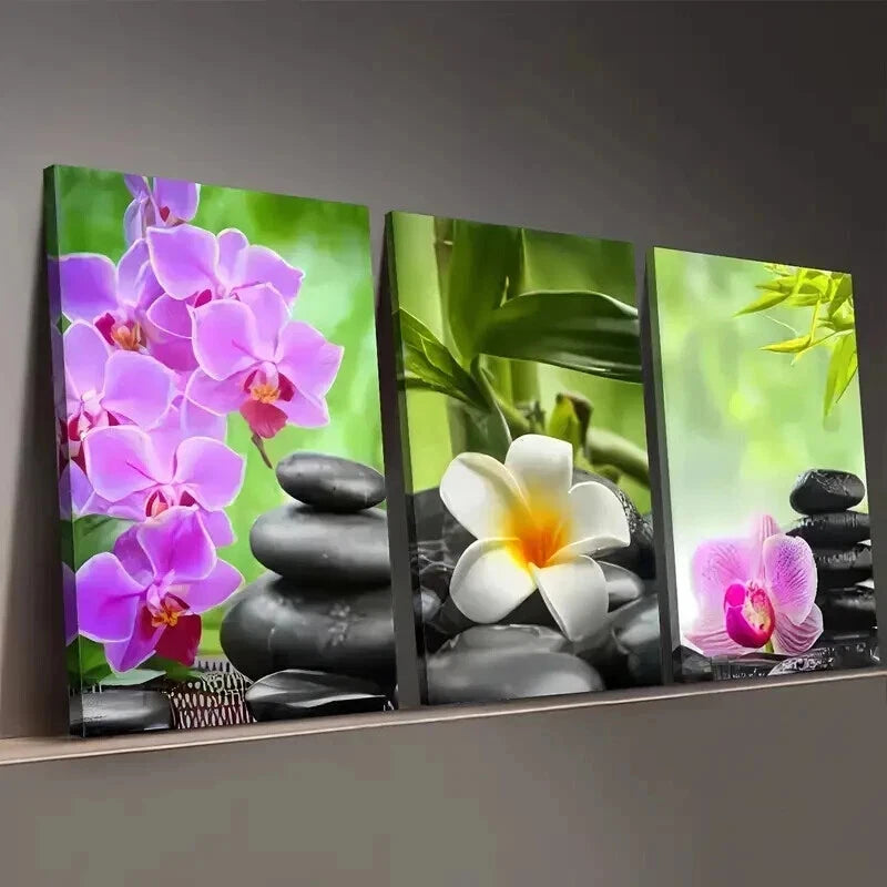 3pcs Modern Natural Flower Luck Stone Perfect Wall Art Set Canvas Framed 50x70cm - High Quality Print 100% Australian Made Wall Canvas Ready to Hang - Bella Home Decor