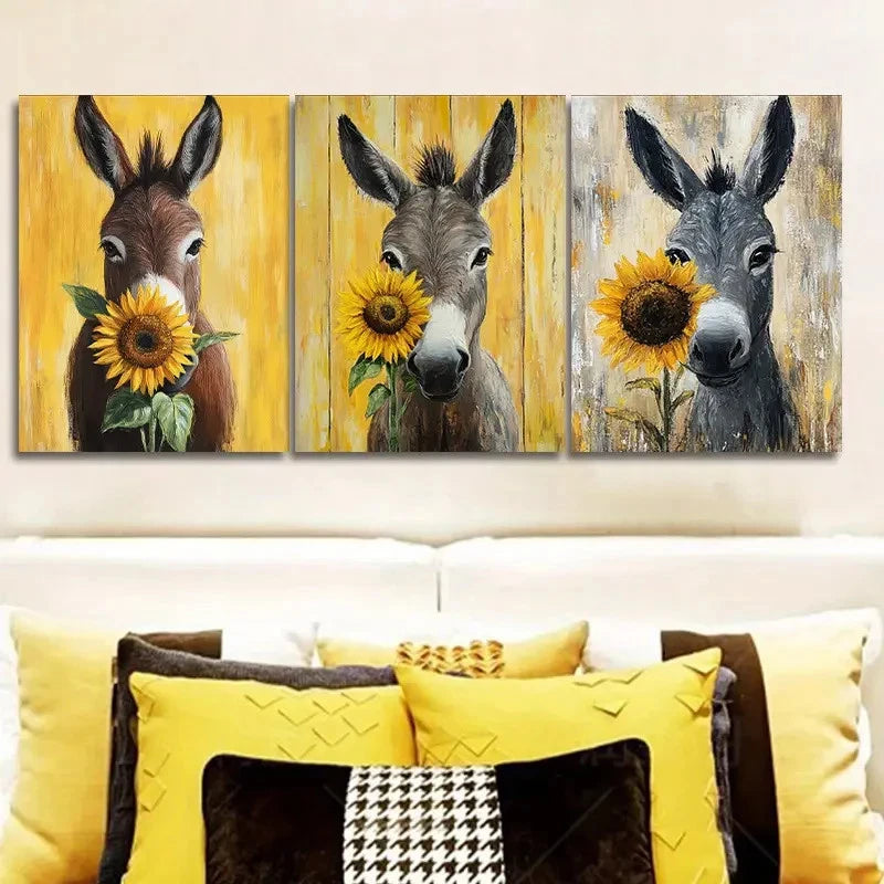 3pcs Adorable Donkey Adorned with a Sunflower Wall Art Set Canvas Framed 50x70cm - High Quality Print 100% Australian Made Wall Canvas Ready to Hang - Bella Home Decor