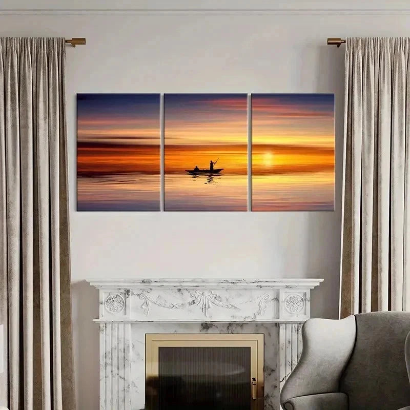 3pcs Fisherman Boat Under Sunset Wall Art Set Canvas Framed 40x60cm - High Quality Print 100% Australian Made Wall Canvas Ready to Hang