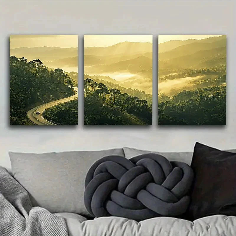 3pcs Winding Mountain Road at Dawn Wall Art Set Canvas Framed 50x70cm - High Quality Print 100% Australian Made Wall Canvas Ready to Hang - Bella Home Decor