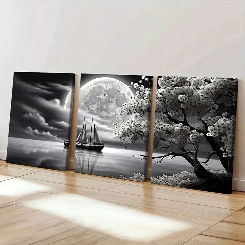 3pcs Boat River Moon Cherry Blossoms Wall Art Set Canvas Framed 60x90cm - High Quality Print 100% Australian Made Wall Canvas Ready to Hang - Bella Home Decor