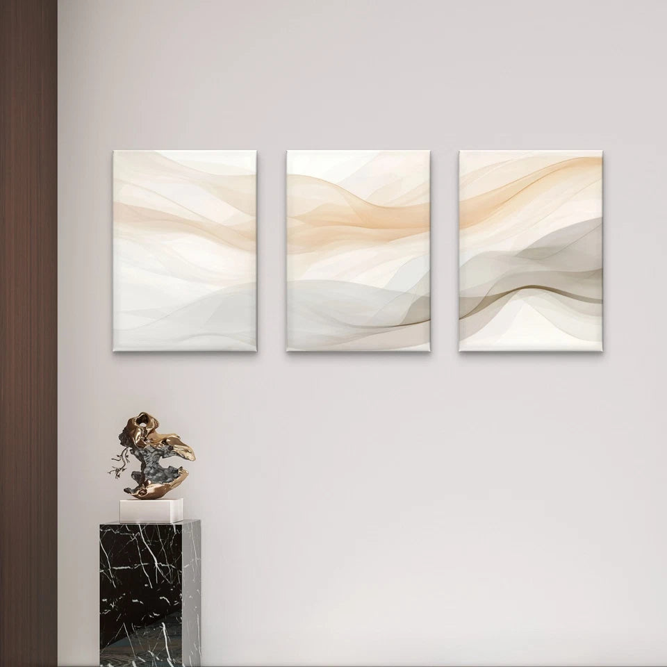 3pcs Neutral Beige Wavy Abstract Lines Wall Art Set Canvas Framed 60x90cm - High Quality Print 100% Australian Made Wall Canvas Ready to Hang