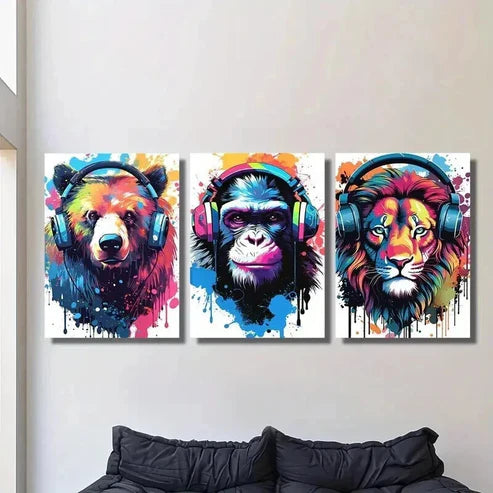 3pcs Lion Wolf Chimpanzee with Headphones Wall Art Canvas Unframed - High Quality Print 100% Australian Made Wall Canvas